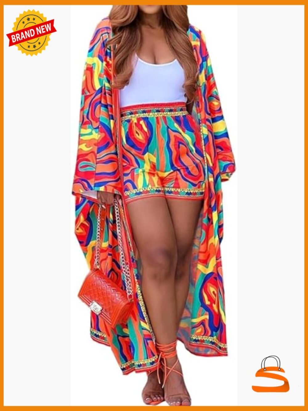 Two Piece Kimono Shorts Set Flowy Beach Cover Up Duster Bohemian Tropical